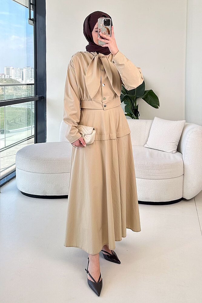 Mina Flar Detaylı Çıtçıtlı Etek Takım - Bej - 4