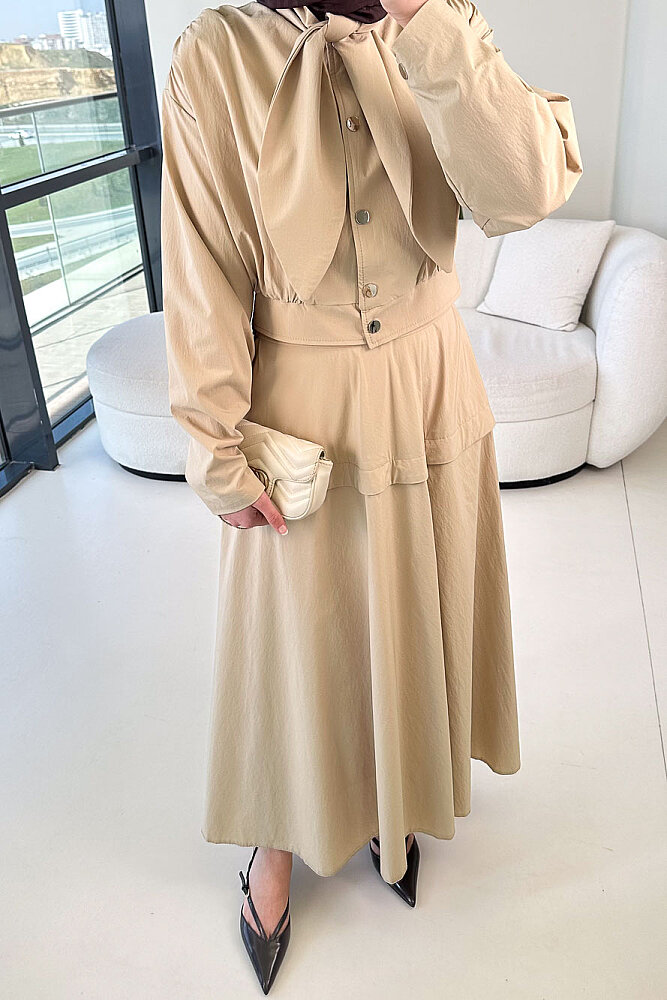 Mina Flar Detaylı Çıtçıtlı Etek Takım - Bej - 7