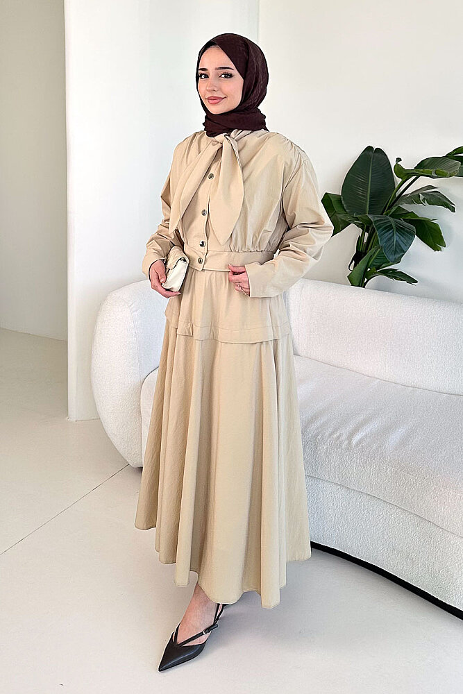 Mina Flar Detaylı Çıtçıtlı Etek Takım - Bej - HEWES (5)