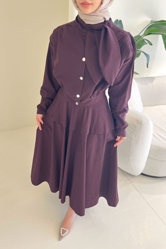 Mina Flar Detaylı Çıtçıtlı Etek Takım - Bordo - 5