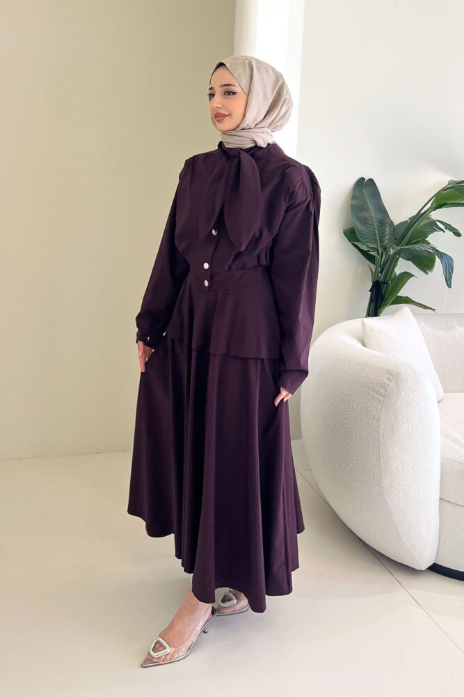 Mina Flar Detaylı Çıtçıtlı Etek Takım - Bordo - 8