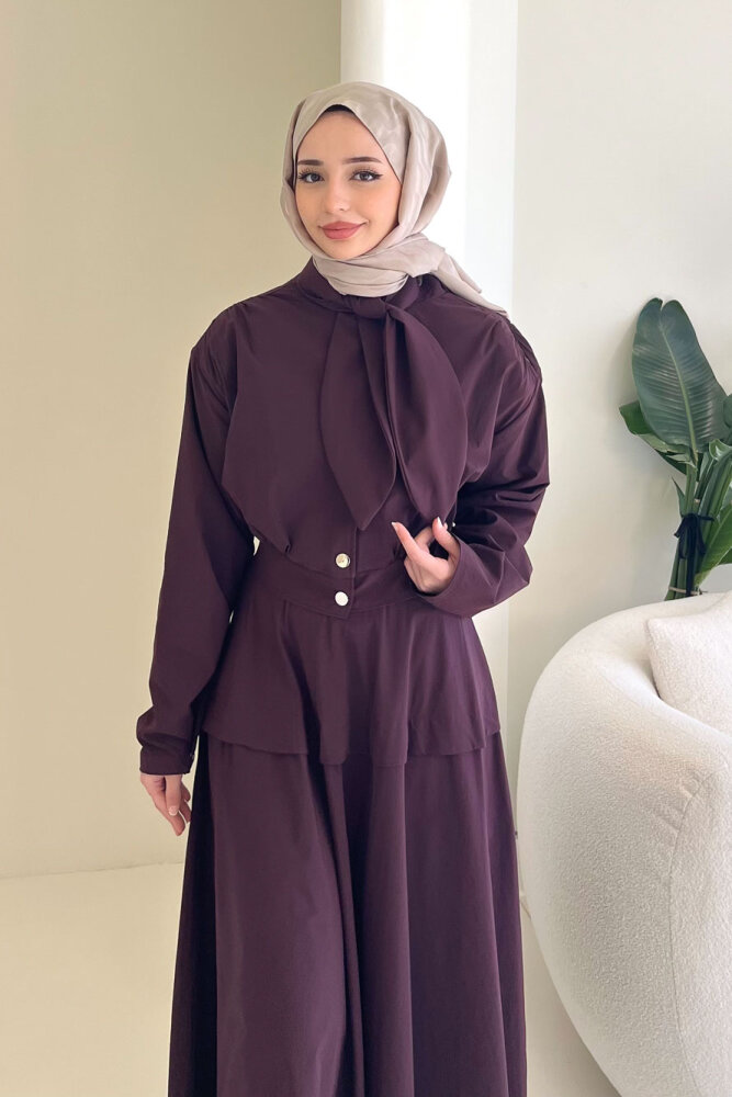 Mina Flar Detaylı Çıtçıtlı Etek Takım - Bordo - 2