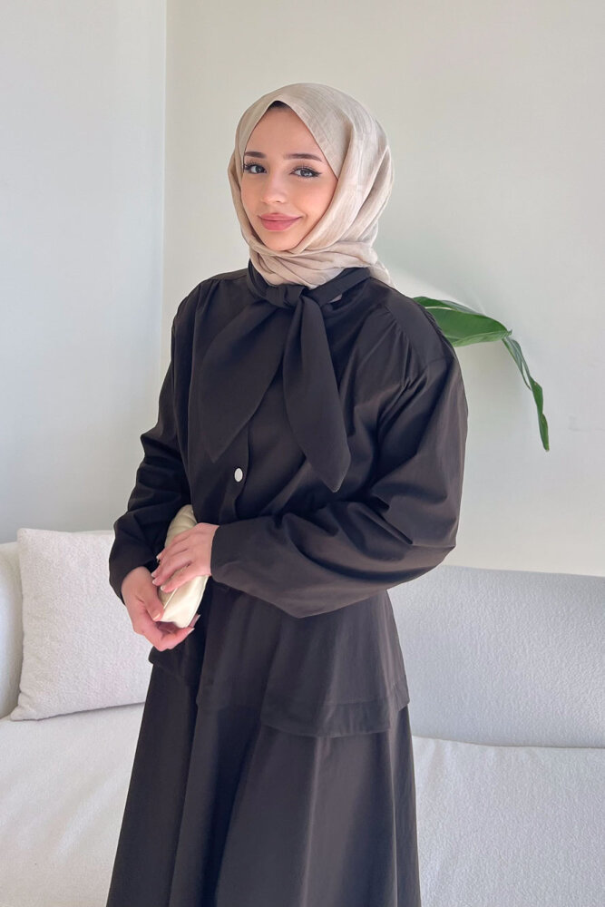 Mina Flar Detaylı Çıtçıtlı Etek Takım - Kahverengi - 6