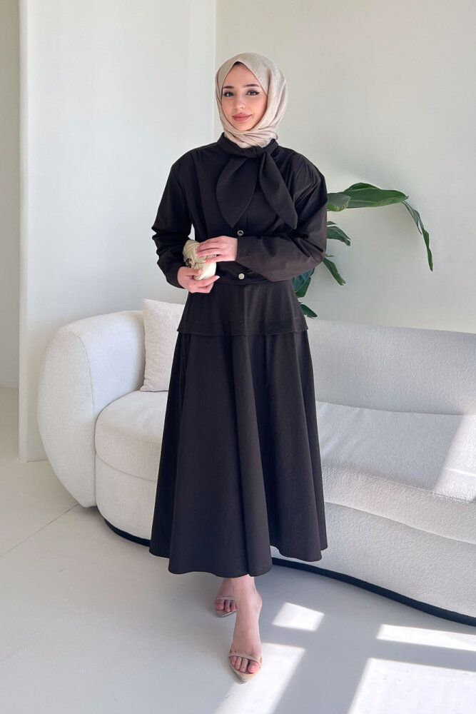 Mina Flar Detaylı Çıtçıtlı Etek Takım - Kahverengi - 1