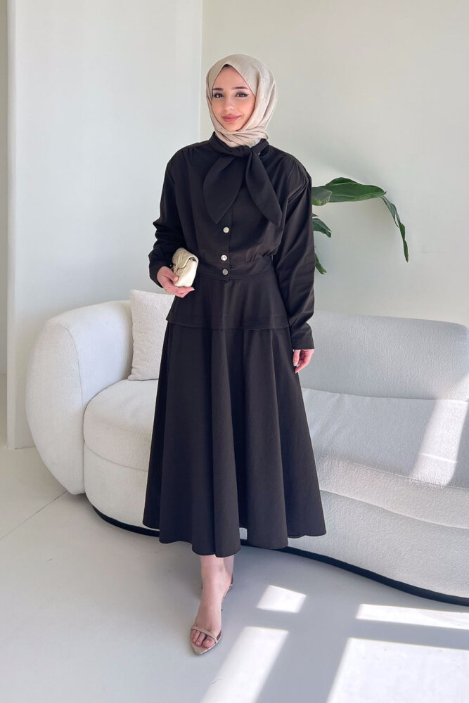 Mina Flar Detaylı Çıtçıtlı Etek Takım - Kahverengi - 5