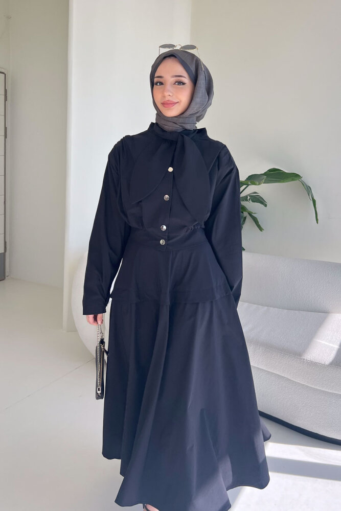 Mina Flar Detaylı Çıtçıtlı Etek Takım - Siyah - 2