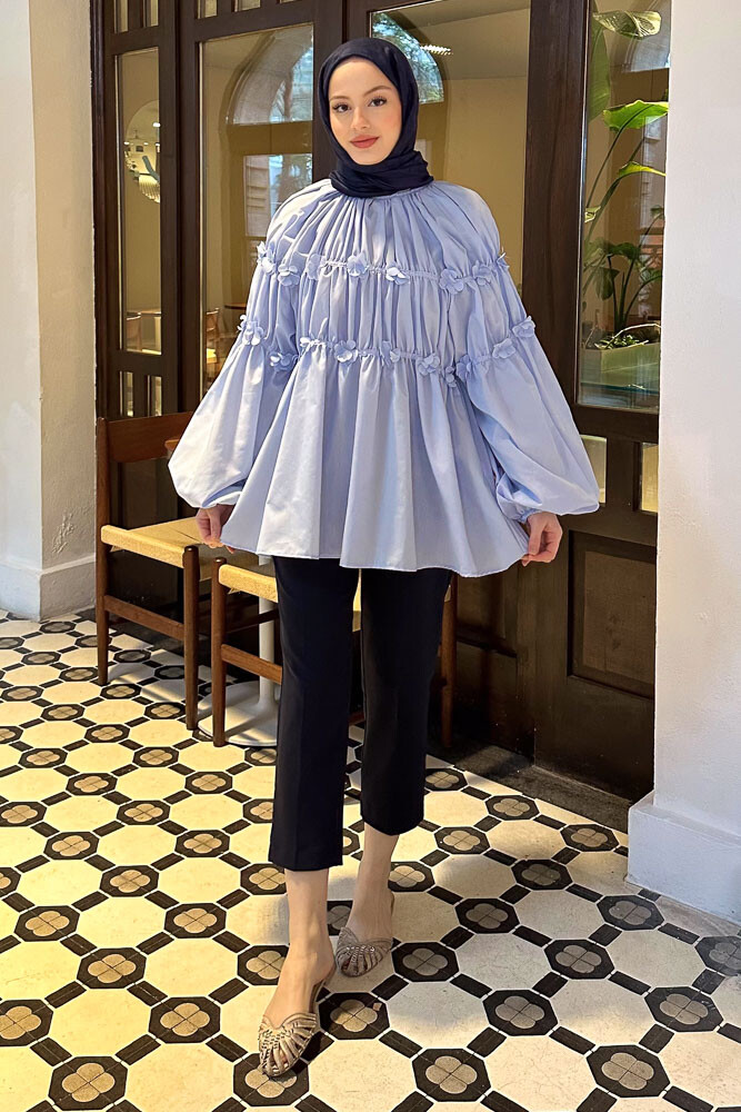 Mini Çiçekli Gömlek - Bebe Mavisi - HENZA (3)