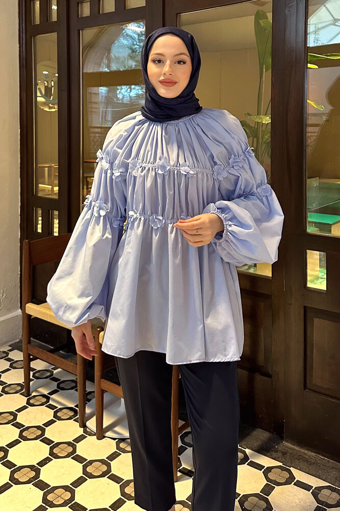 Mini Çiçekli Gömlek - Bebe Mavisi - HENZA (5)