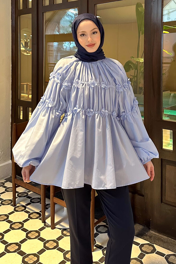 Mini Çiçekli Gömlek - Bebe Mavisi - HENZA (1)