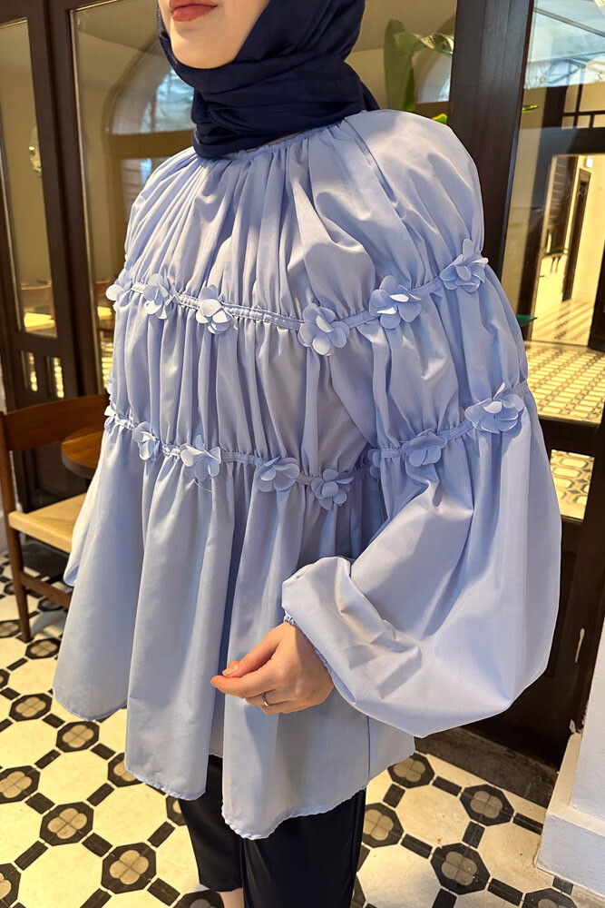 Mini Çiçekli Gömlek - Bebe Mavisi - HENZA (2)