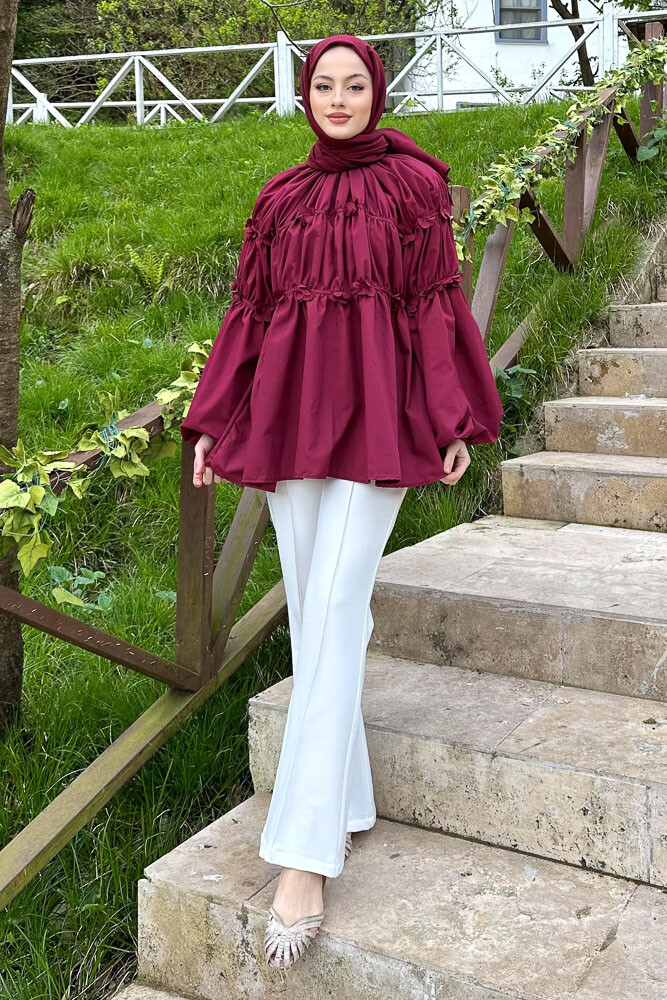 Mini Çiçekli Gömlek - Bordo - HENZA (3)