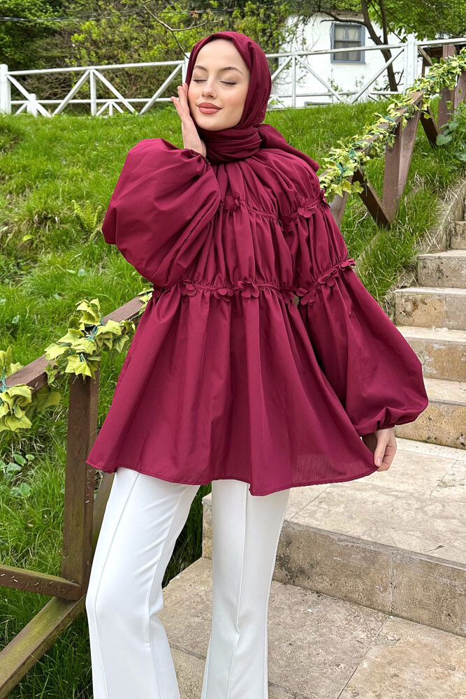 Mini Çiçekli Gömlek - Bordo - HENZA (1)