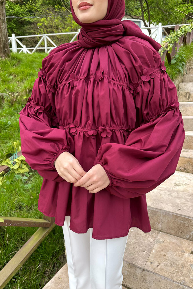 Mini Çiçekli Gömlek - Bordo - HENZA (2)