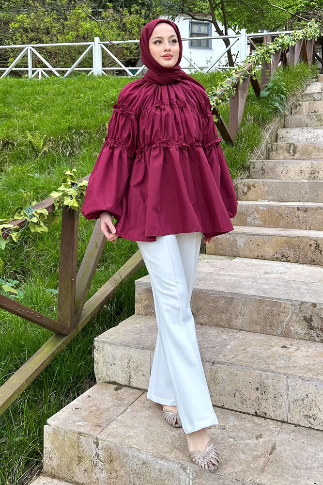 Mini Çiçekli Gömlek - Bordo - HENZA (4)