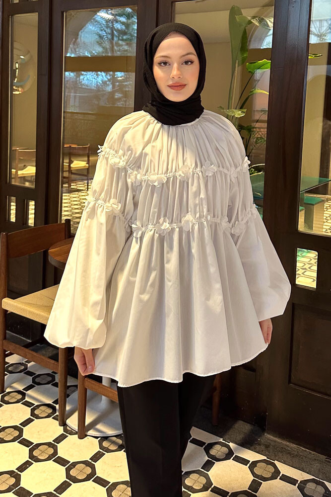 Mini Çiçekli Gömlek - Ekru - HENZA (1)