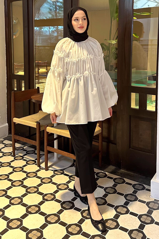 Mini Çiçekli Gömlek - Ekru - HENZA (3)