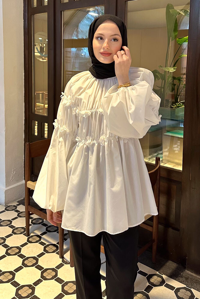 Mini Çiçekli Gömlek - Ekru - HENZA (5)