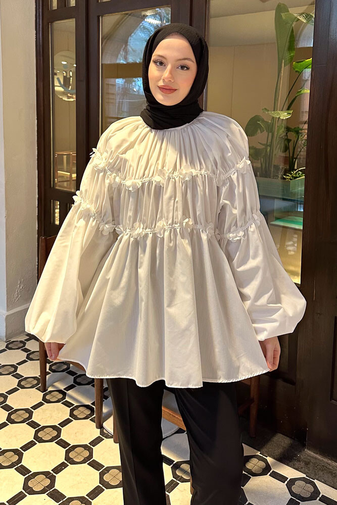 Mini Çiçekli Gömlek - Ekru - HENZA (2)