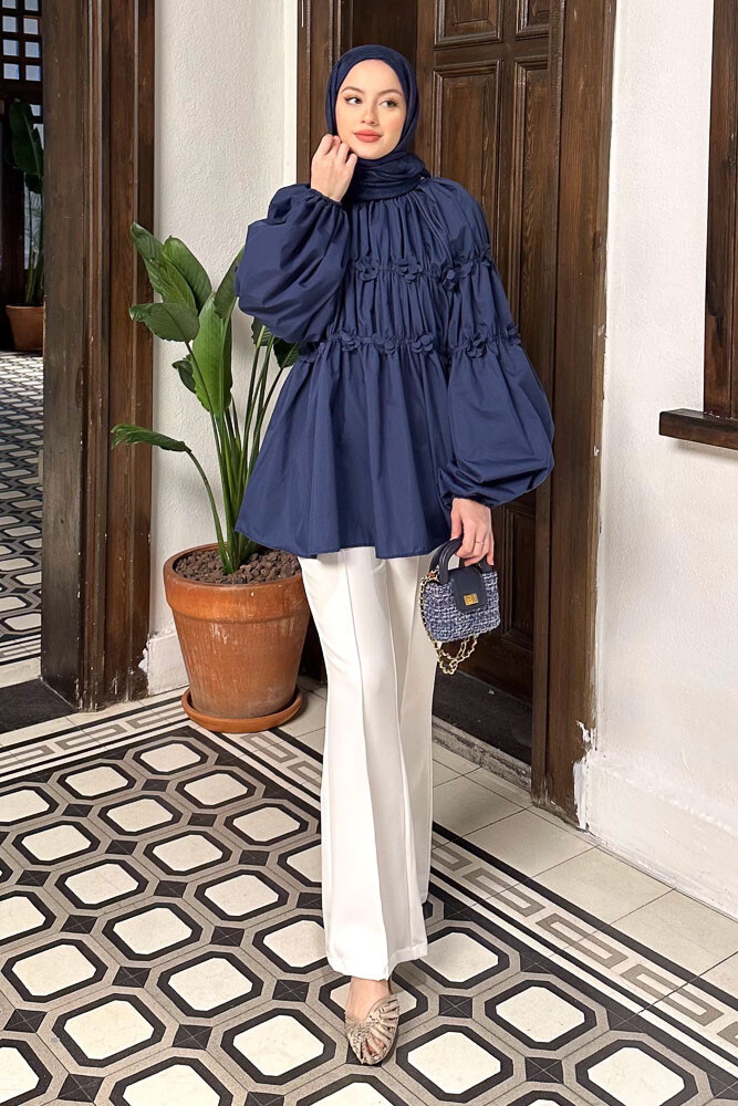 Mini Çiçekli Gömlek - Lacivert - HENZA (4)