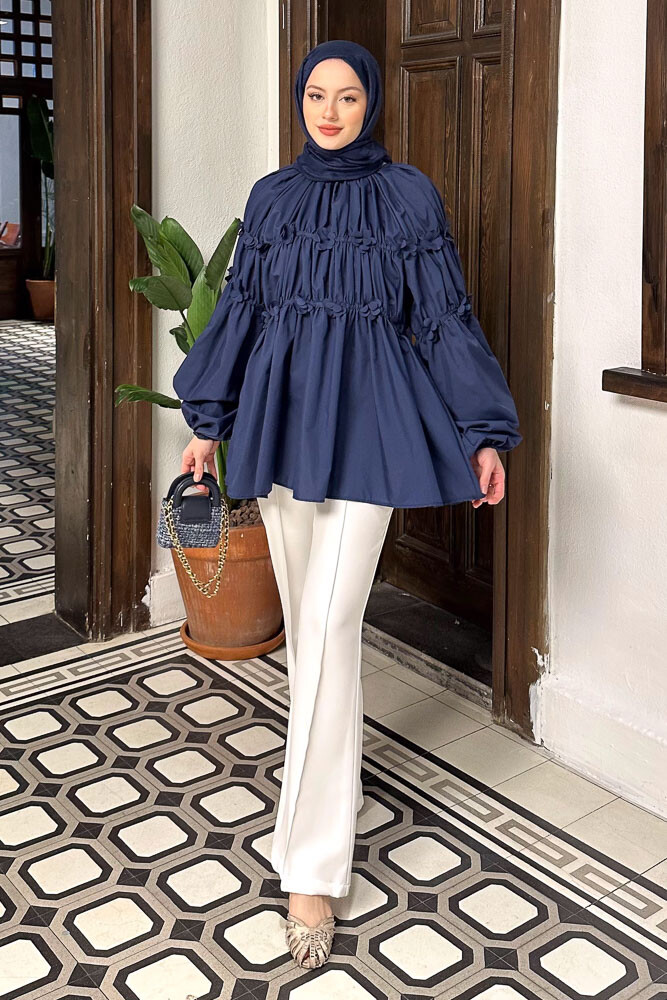 Mini Çiçekli Gömlek - Lacivert - HENZA (2)