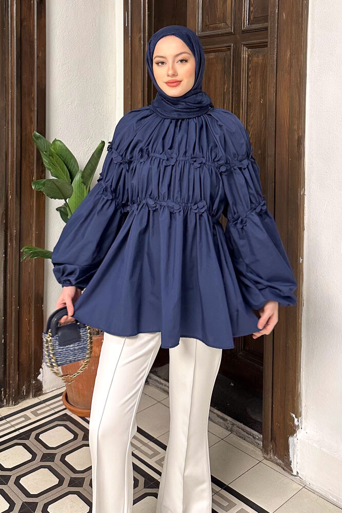 Mini Çiçekli Gömlek - Lacivert - HENZA (3)