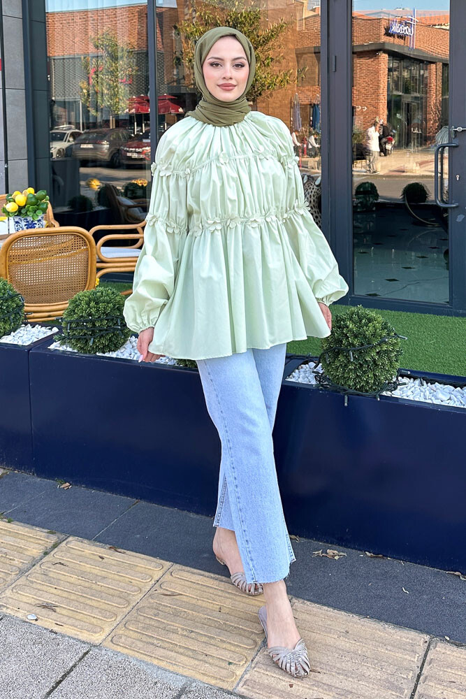 Mini Çiçekli Gömlek - Su Yeşili - HENZA (4)