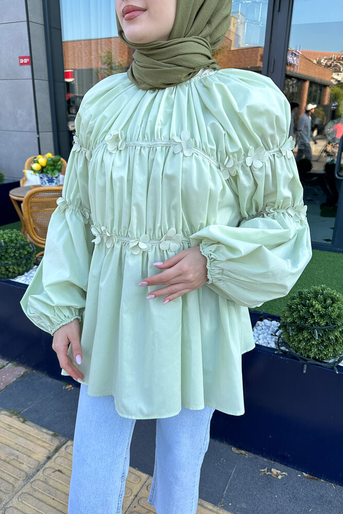 Mini Çiçekli Gömlek - Su Yeşili - HENZA (3)