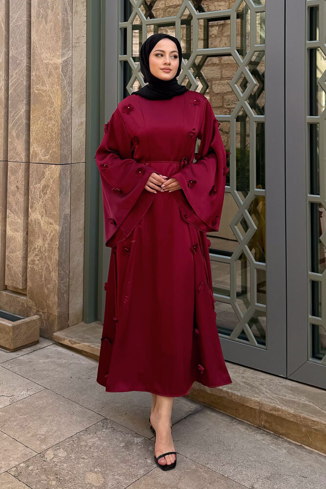 Minik Çiçekli Abaya - Bordo - 6