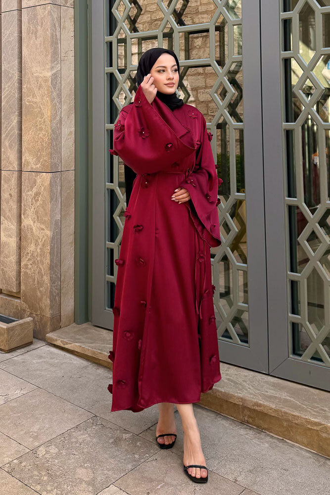 Minik Çiçekli Abaya - Bordo - 1