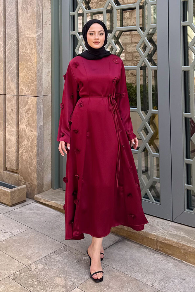 Minik Çiçekli Abaya - Bordo - 7