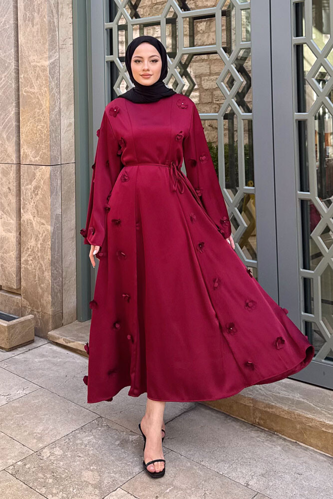 Minik Çiçekli Abaya - Bordo - 2