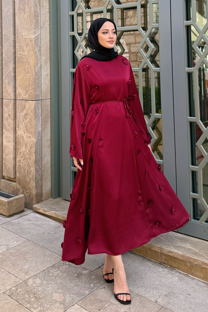 Minik Çiçekli Abaya - Bordo - 3