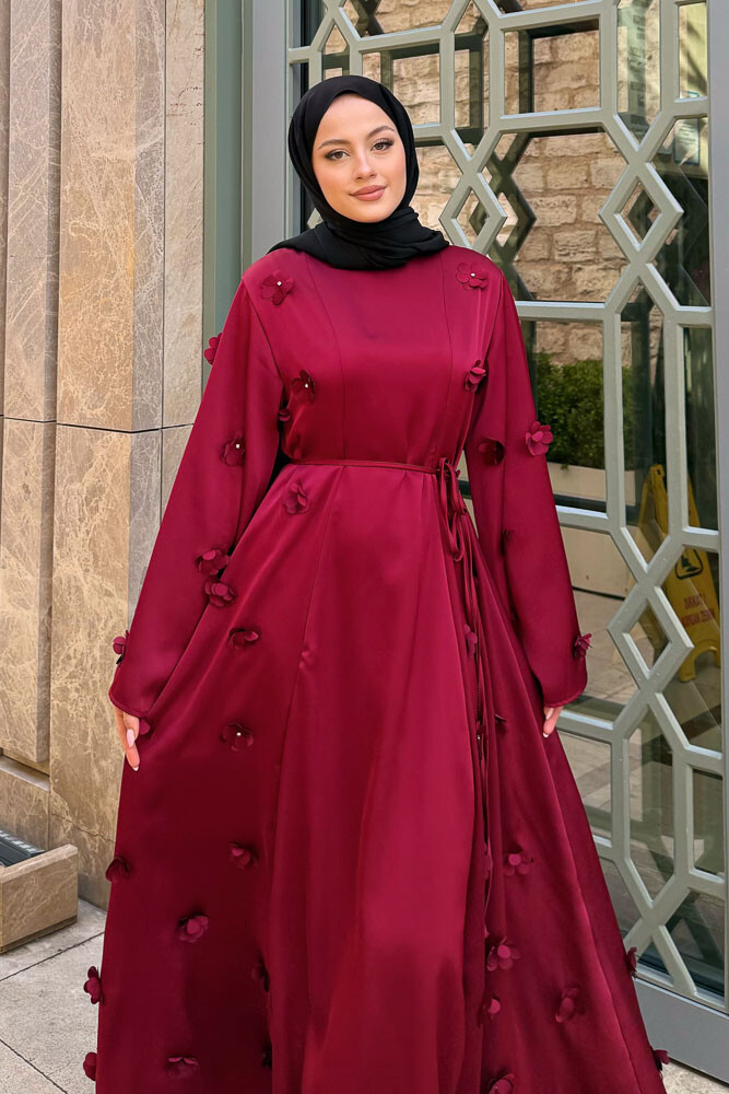Minik Çiçekli Abaya - Bordo - 4