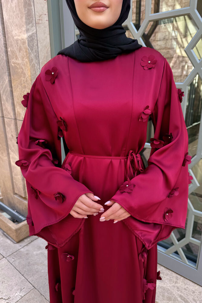 Minik Çiçekli Abaya - Bordo - 5