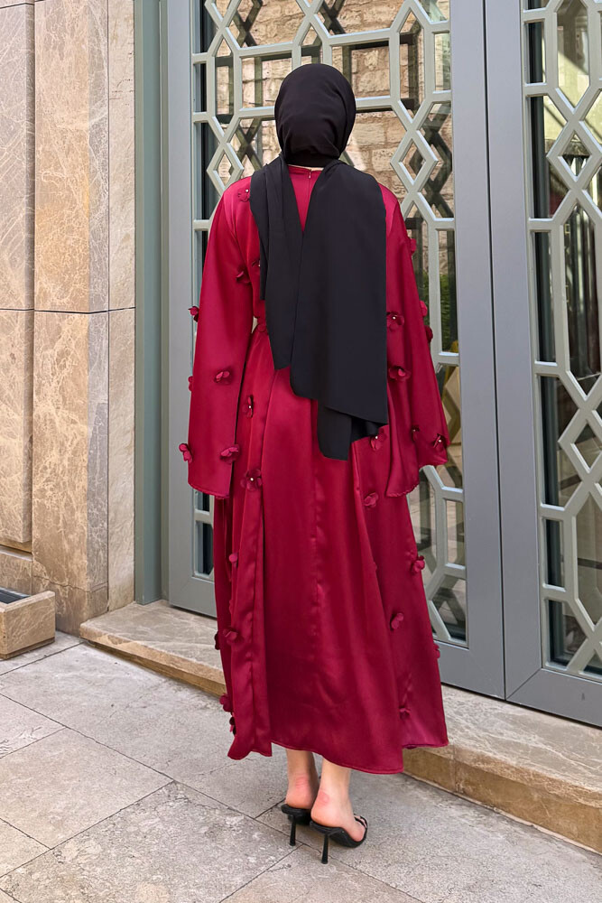 Minik Çiçekli Abaya - Bordo - 8