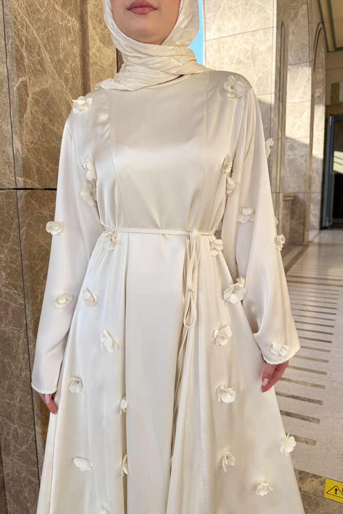 Minik Çiçekli Abaya - Ekru - 3