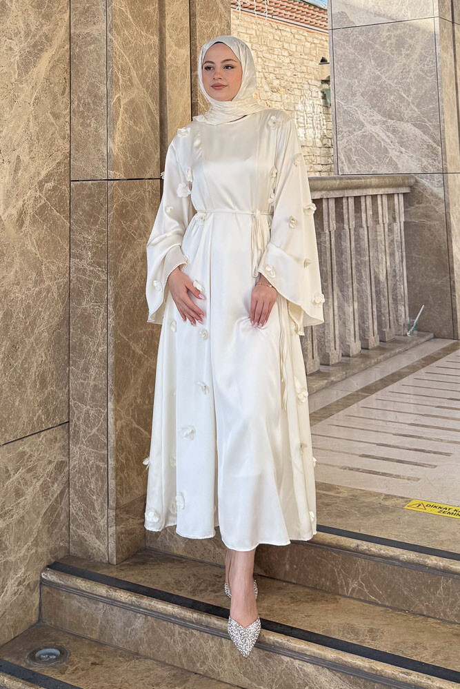 Minik Çiçekli Abaya - Ekru - 1