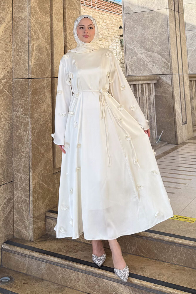 Minik Çiçekli Abaya - Ekru - 5