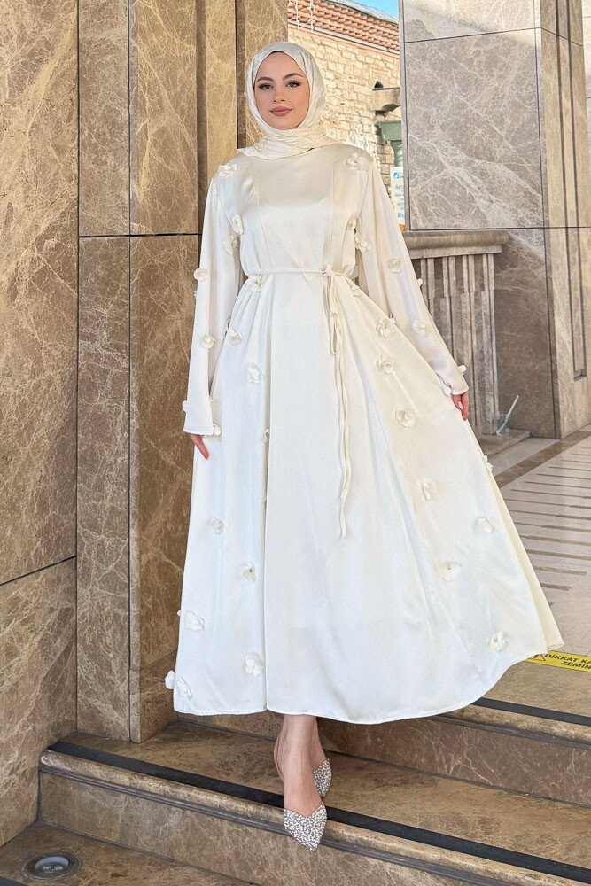 Minik Çiçekli Abaya - Ekru - 2