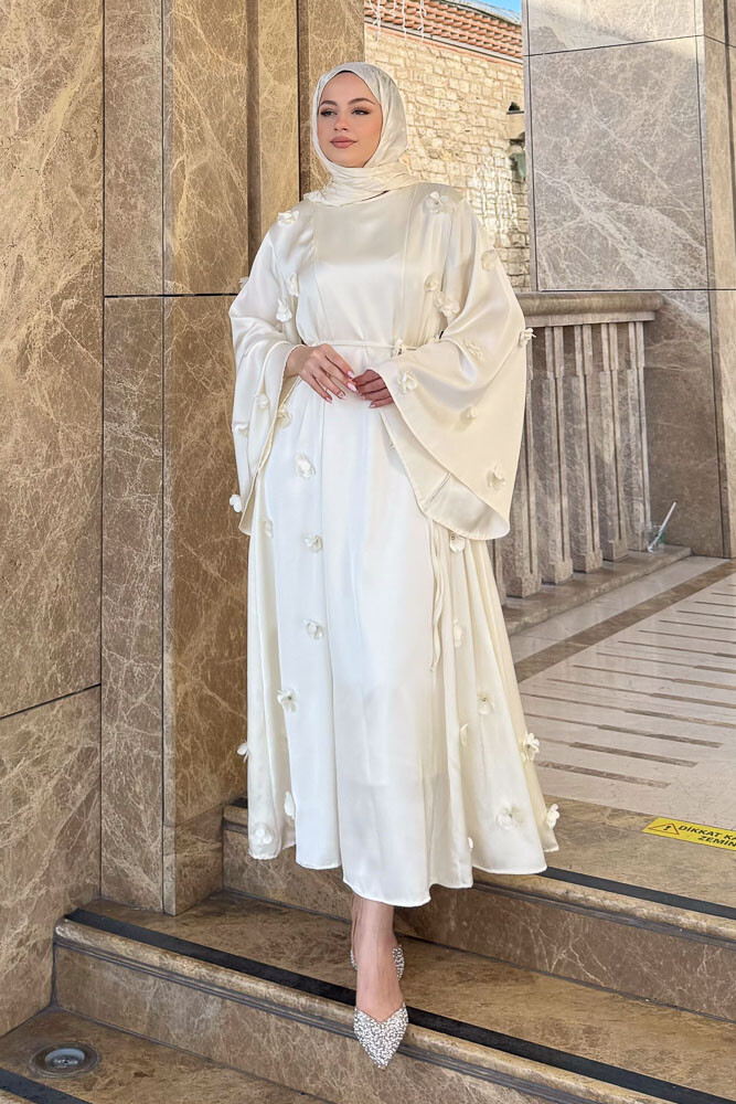 Minik Çiçekli Abaya - Ekru - 4