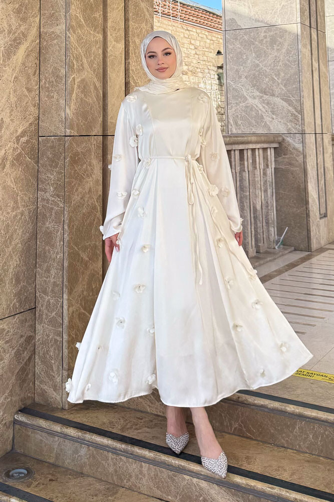 Minik Çiçekli Abaya - Ekru - 7