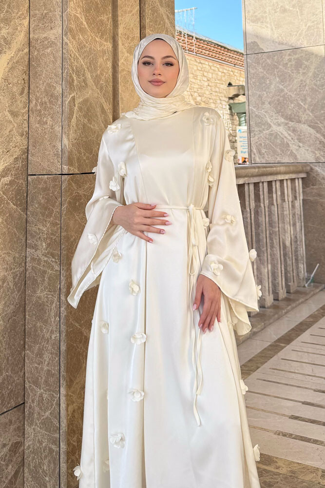 Minik Çiçekli Abaya - Ekru - 6