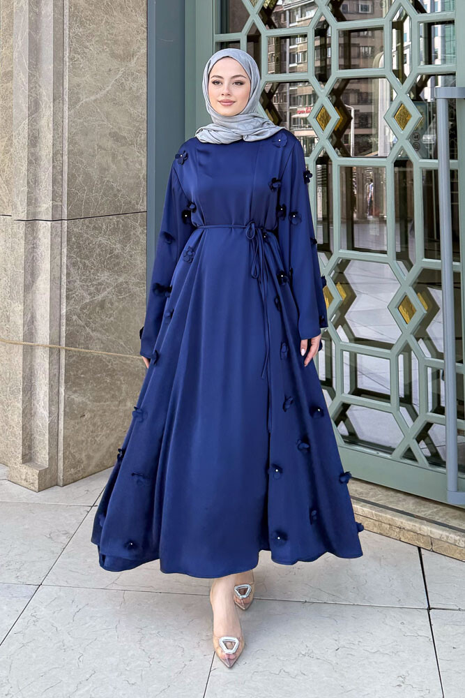 Minik Çiçekli Abaya - Lacivert - 1