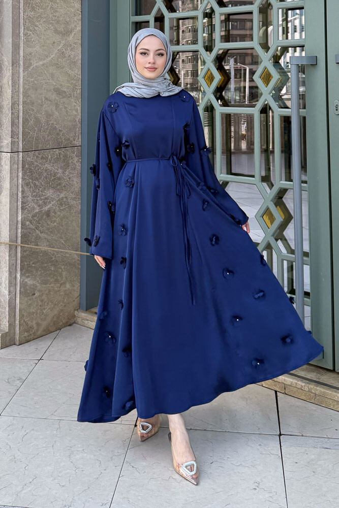 Minik Çiçekli Abaya - Lacivert - 4