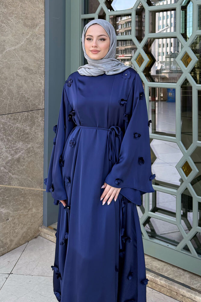 Minik Çiçekli Abaya - Lacivert - 3