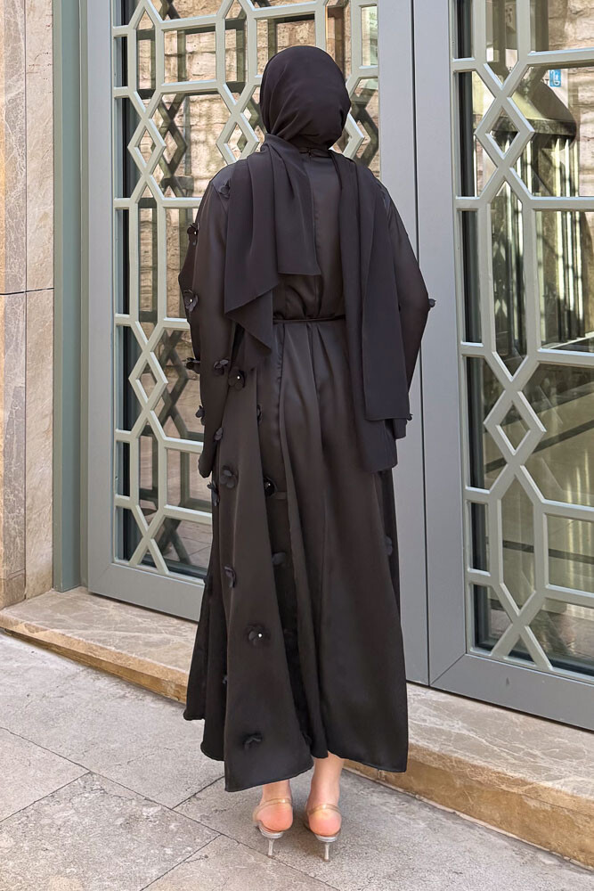 Minik Çiçekli Abaya - Siyah - 8
