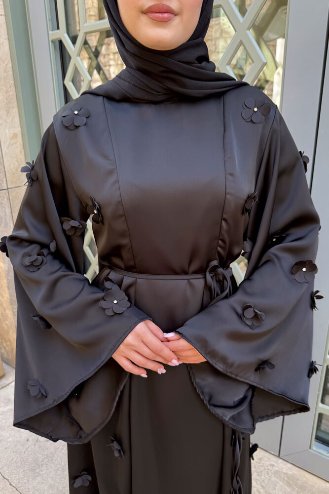 Minik Çiçekli Abaya - Siyah - 5