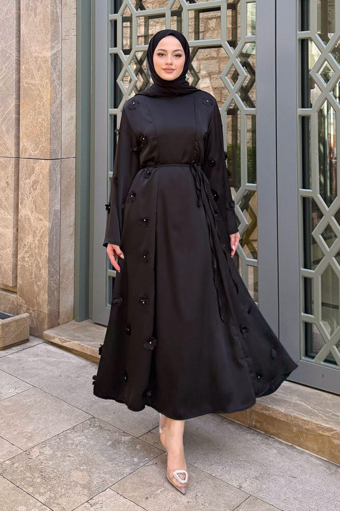 Minik Çiçekli Abaya - Siyah - 1