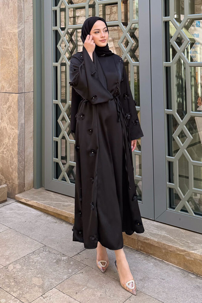 Minik Çiçekli Abaya - Siyah - 4
