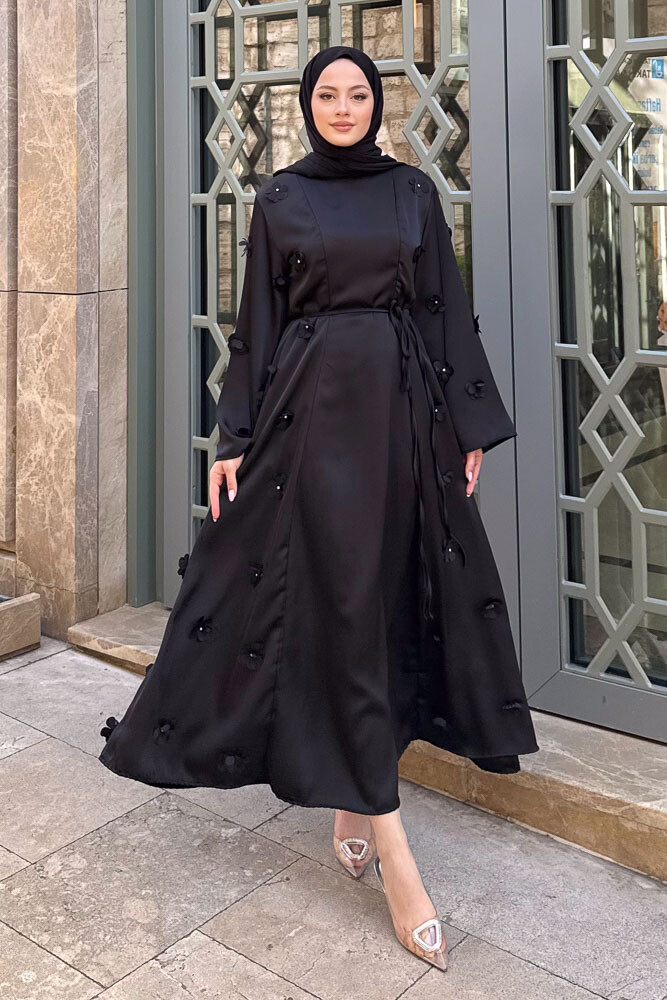 Minik Çiçekli Abaya - Siyah - 3